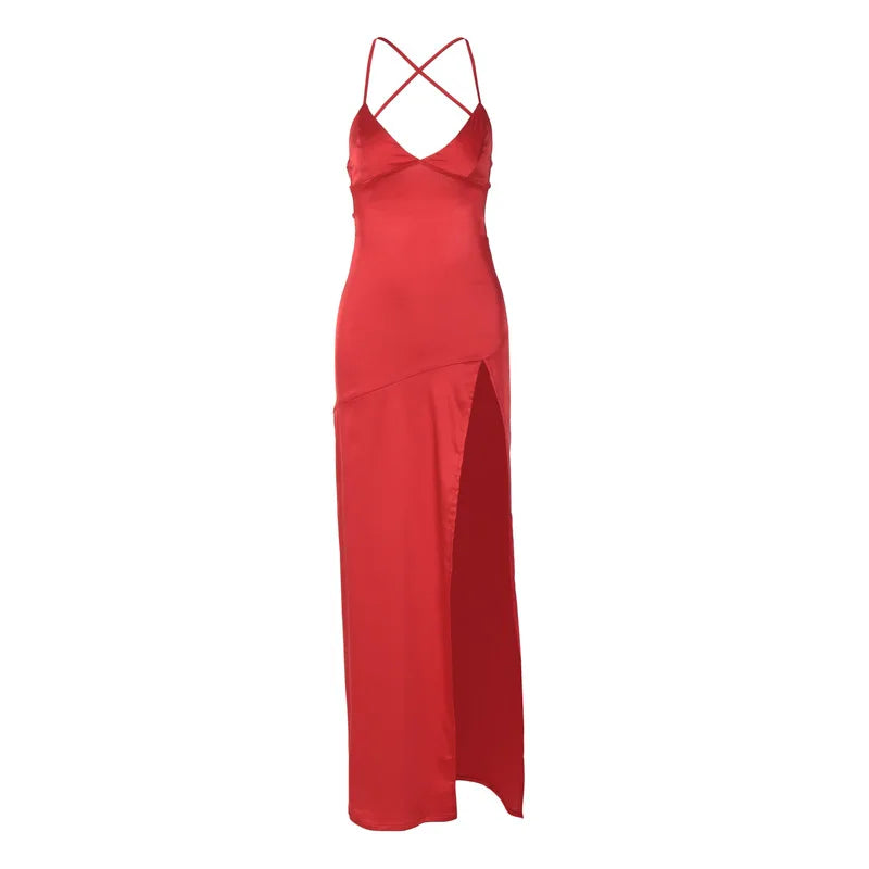Satin V-Neck Spaghetti Strap High Split Slip Maxi Dress