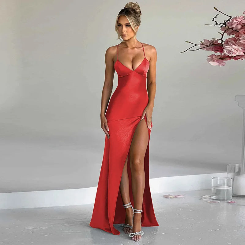 Satin V-Neck Spaghetti Strap High Split Slip Maxi Dress