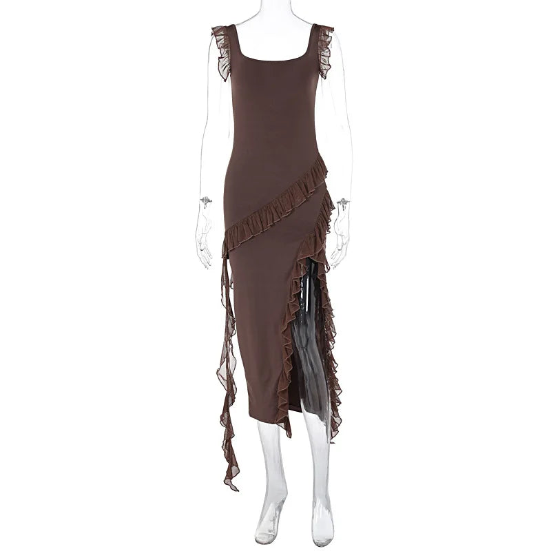 Women's Maxi Summer Autumn Wooden Splicing Temperament Refined Vestidos Midi Dresses