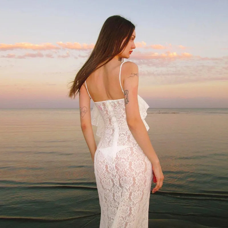 Women's Maxi White Spring Summer Suspenders Lowcut Slimfit Buttock Chic Vestidos Midi Dresses