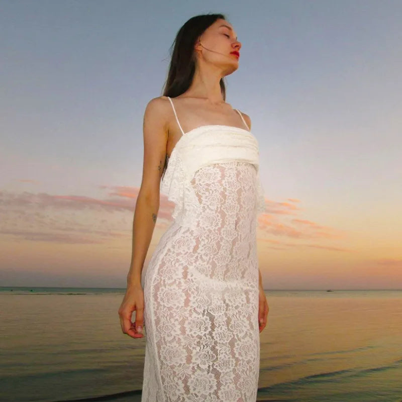 Women's Maxi White Spring Summer Suspenders Lowcut Slimfit Buttock Chic Vestidos Midi Dresses