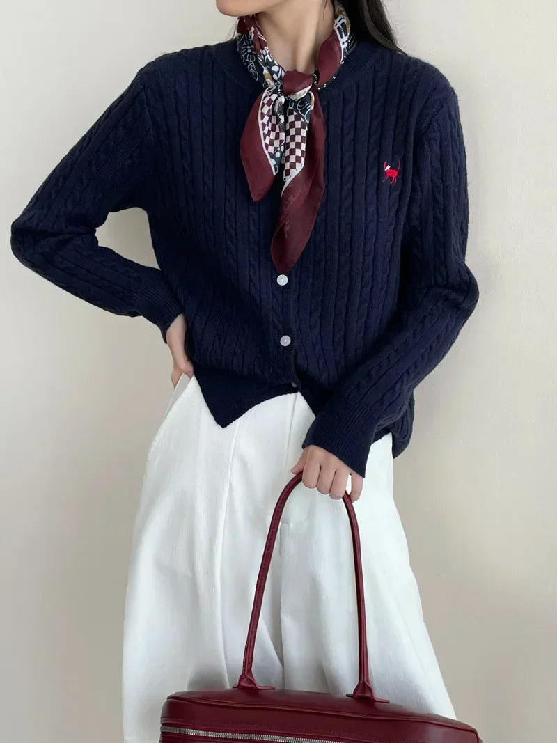 Crew Neck Button Front Cable Knit Embroidered Cardigan