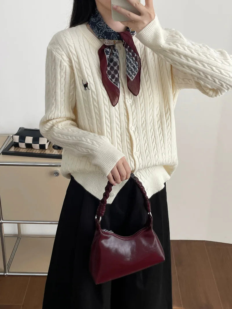 Crew Neck Button Front Cable Knit Embroidered Cardigan 4