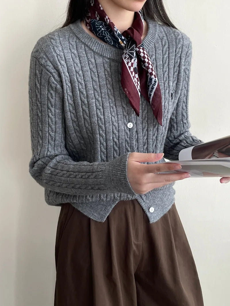 Crew Neck Button Front Cable Knit Embroidered Cardigan 3