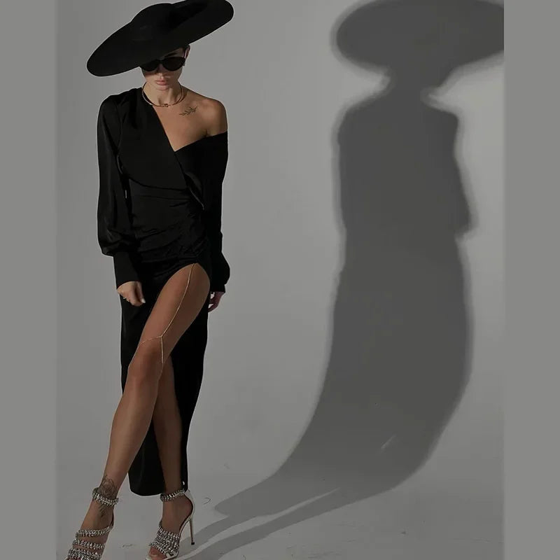 One Shoulder Long Sleeve Ruched High Split Maxi Dress
