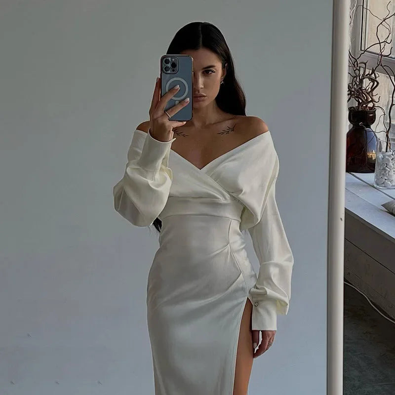 One Shoulder Long Sleeve Ruched High Split Maxi Dress