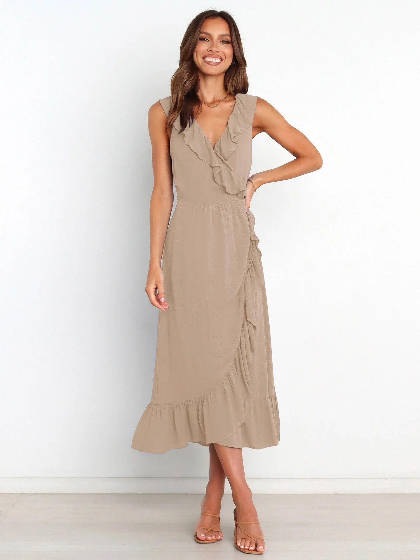 Ruffled Sleeveless Vneck Ruffled Highgrade Elegant Traf Midi Dresses