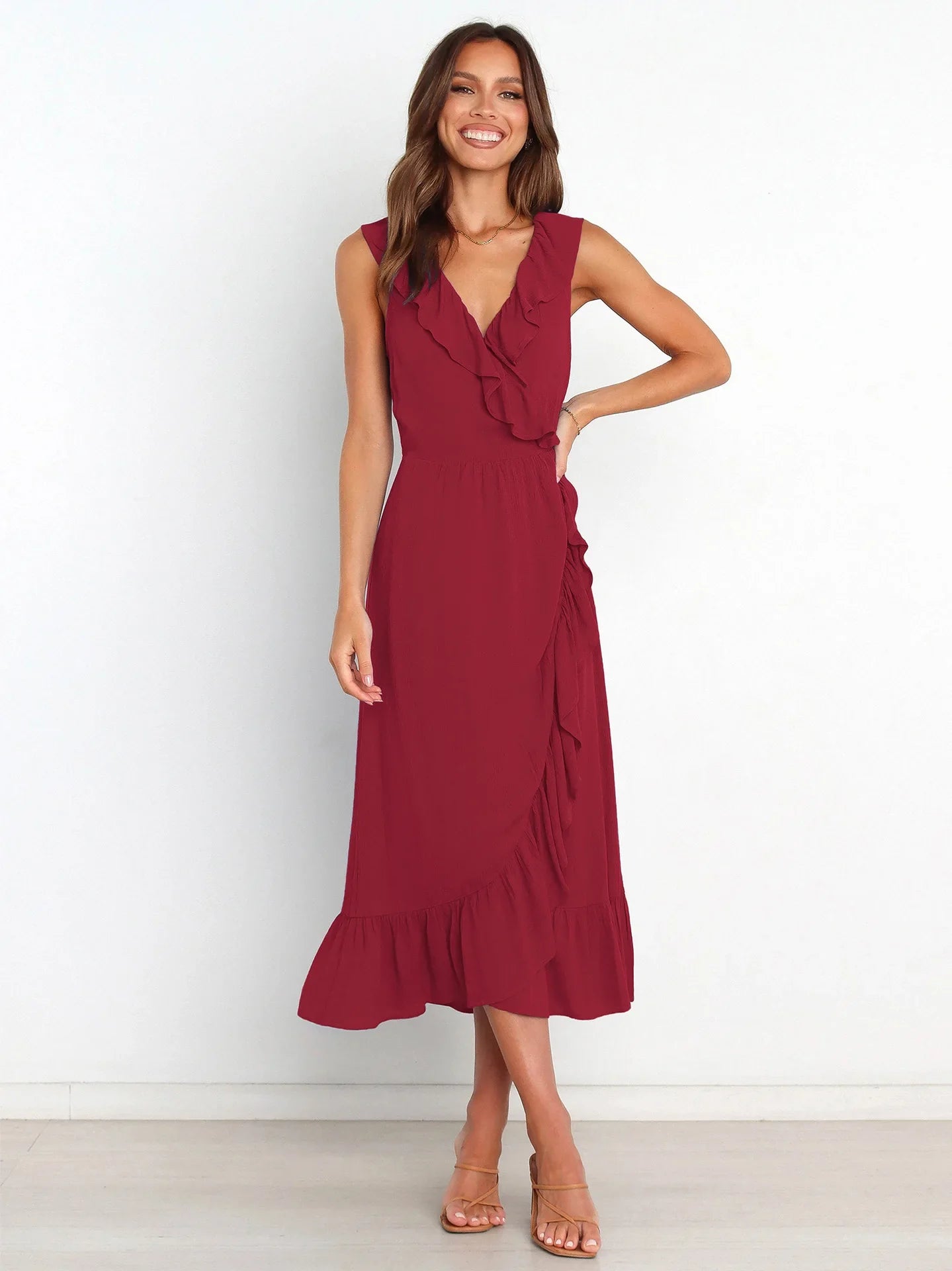 Ruffled Sleeveless Vneck Ruffled Highgrade Elegant Traf Midi Dresses