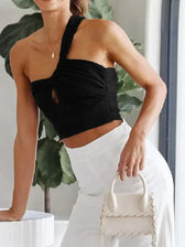 Fashion Pleated Asymmetric Linen Cropped Vintage One Shoulder Side Zipper Women Camisole Tank Top