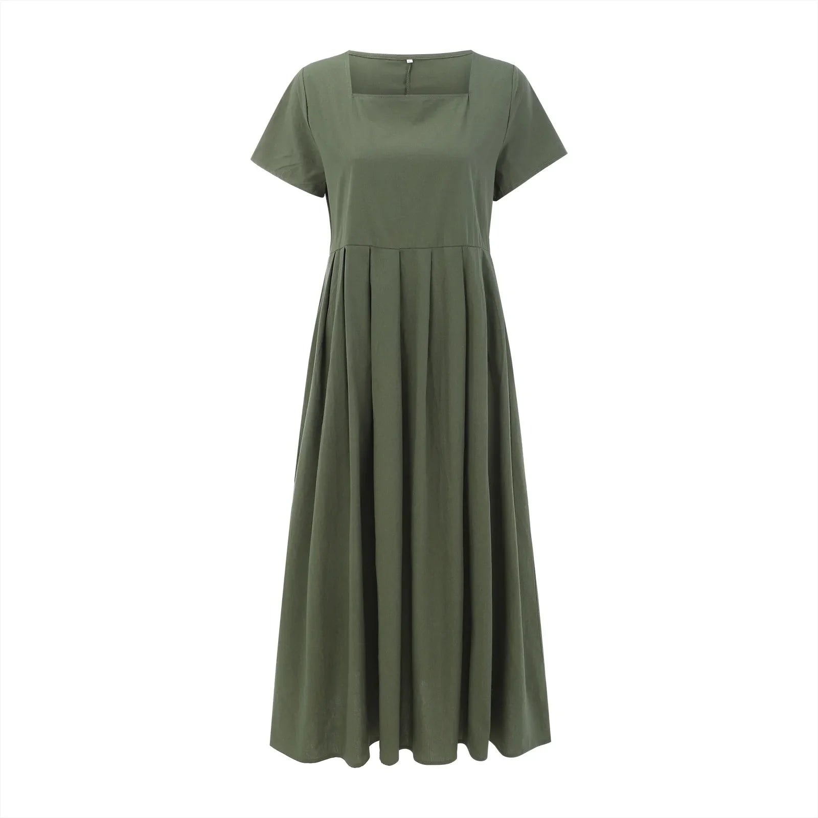 Casual Solid Color Square Collar Cotton Linen Swing Party Midi SunVestidos Dress