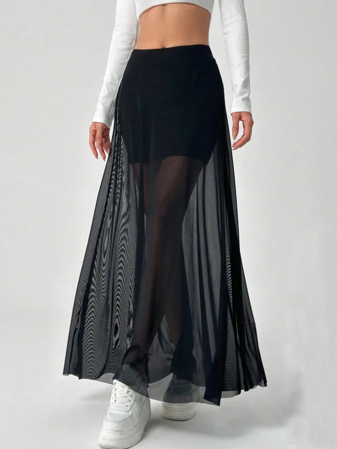 Women's Mesh Patchwork Elastic Highwaisted Aline Fashion Long Skirt
