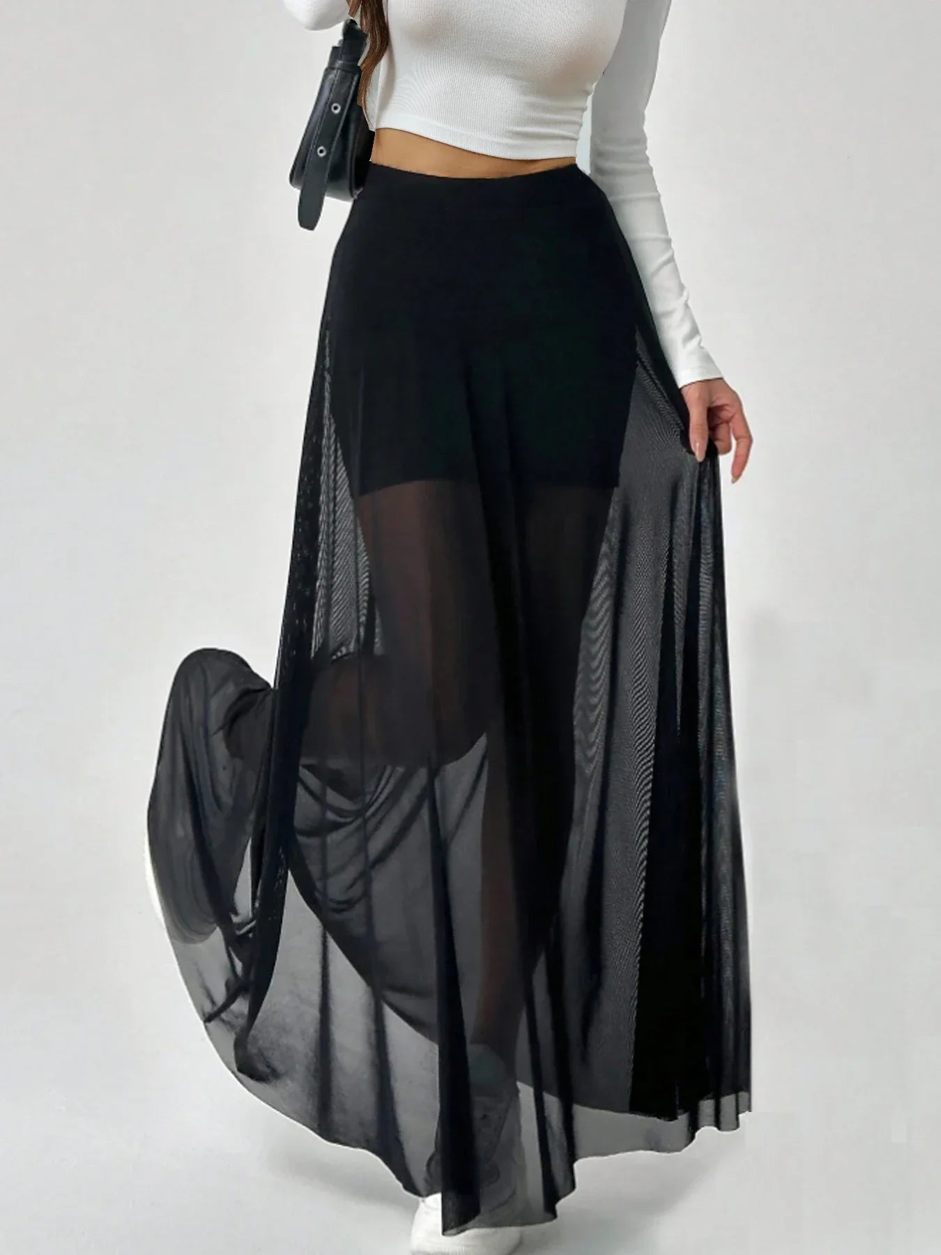 Women's Mesh Patchwork Elastic Highwaisted Aline Fashion Long Skirt