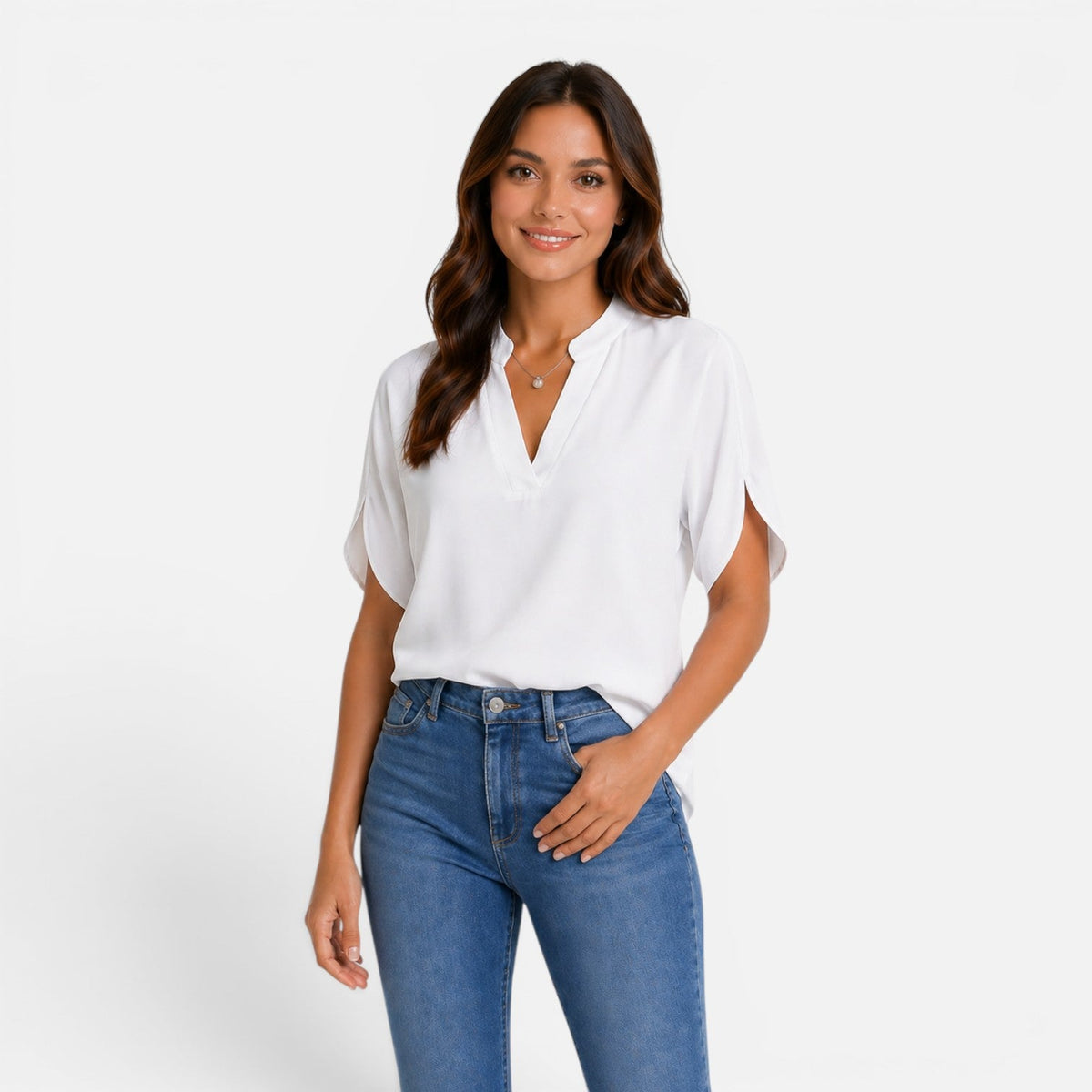 Chiffon Split Neck Flutter Sleeve Blouse