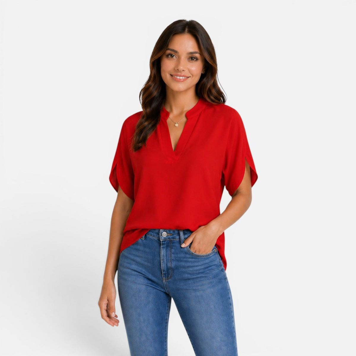 Chiffon Split Neck Flutter Sleeve Blouse