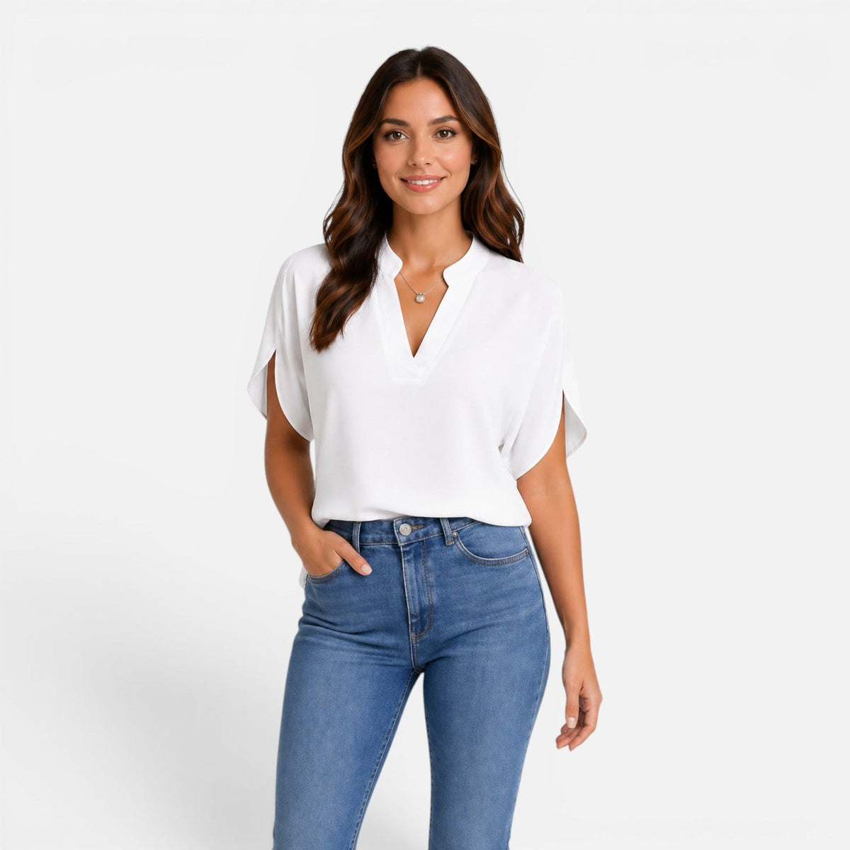 Chiffon Split Neck Flutter Sleeve Blouse