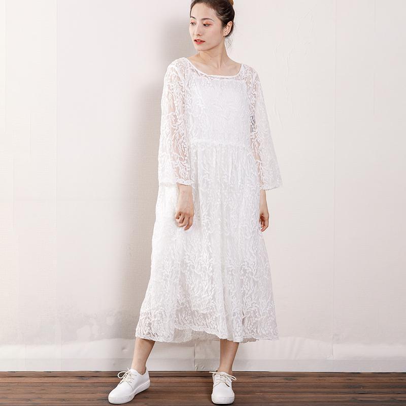 Floral Lace Scoop Neck Long Sleeve Empire Waist Sheer Hem Midi Dress