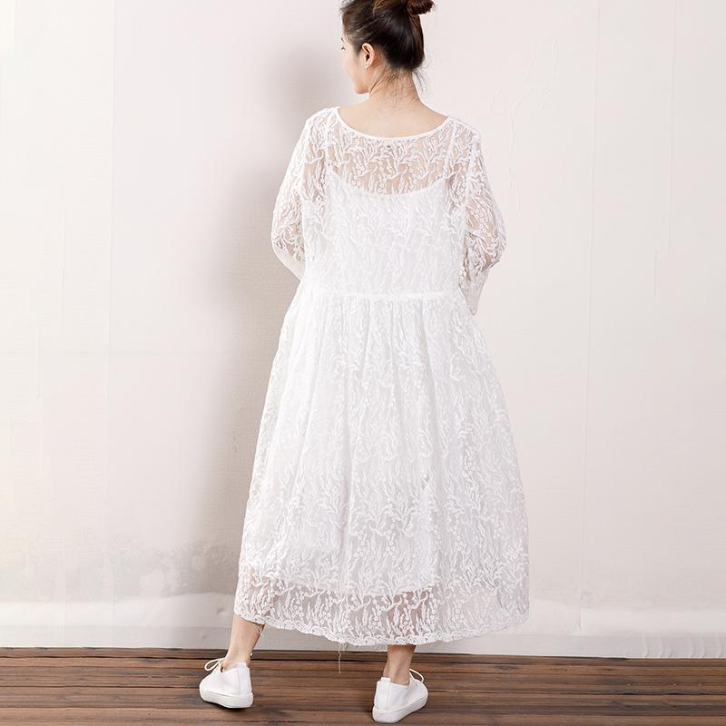 Floral Lace Scoop Neck Long Sleeve Empire Waist Sheer Hem Midi Dress