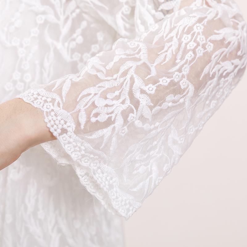 Floral Lace Scoop Neck Long Sleeve Empire Waist Sheer Hem Midi Dress