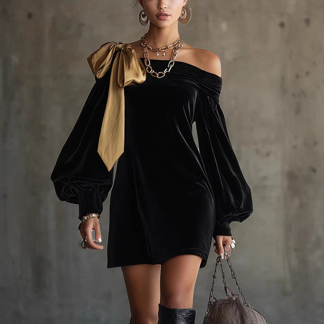 Off Shoulder Velvet Long Sleeve Bow Mini Dress