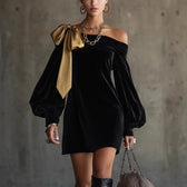 Off Shoulder Velvet Long Sleeve Bow Mini Dress
