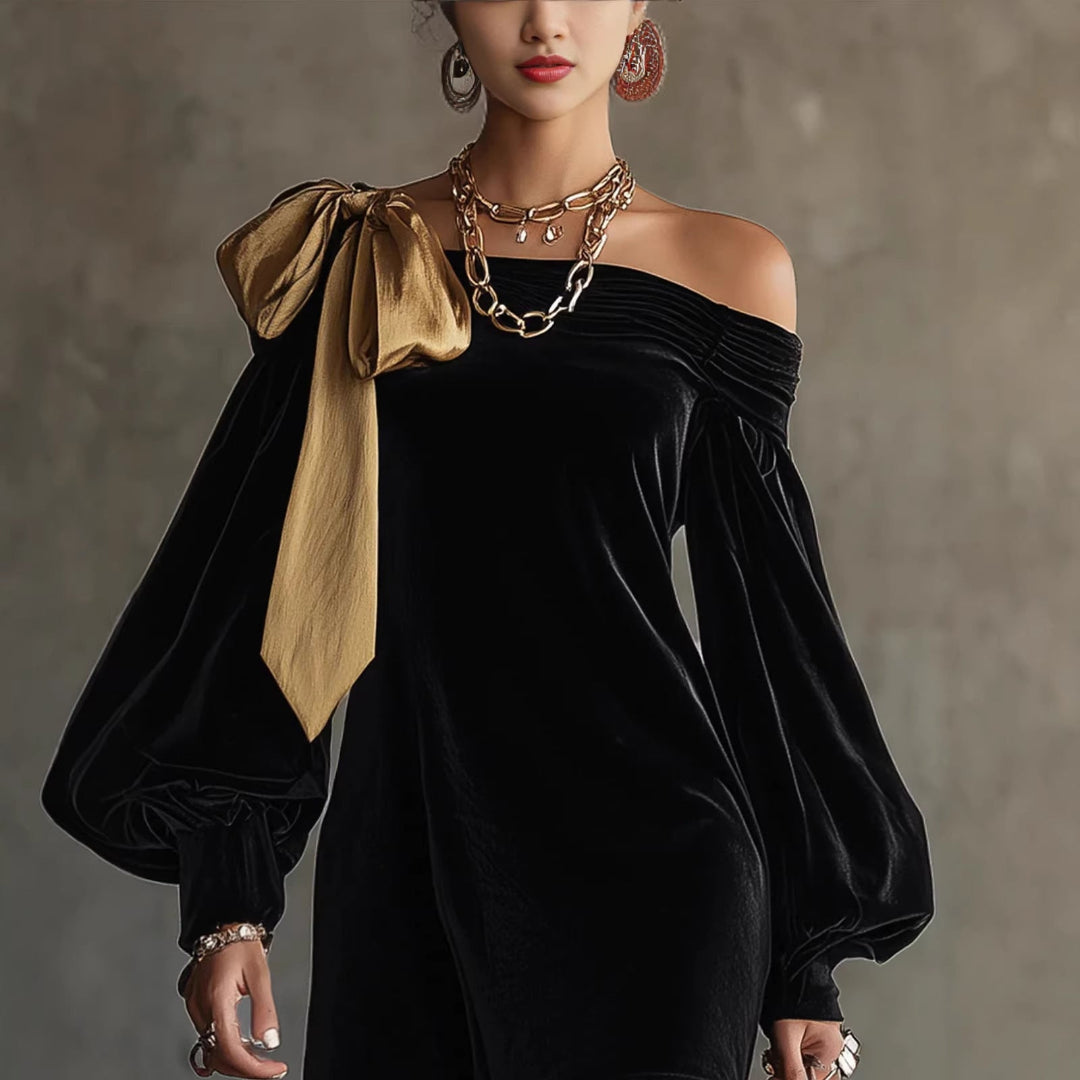 Off Shoulder Velvet Long Sleeve Bow Mini Dress 2