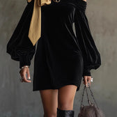 Off Shoulder Velvet Long Sleeve Bow Mini Dress 3