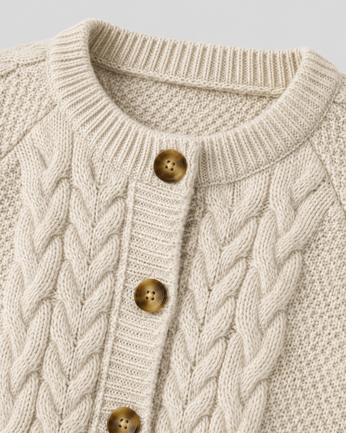 Cable Knit Crew Neck Button Front Cardigan