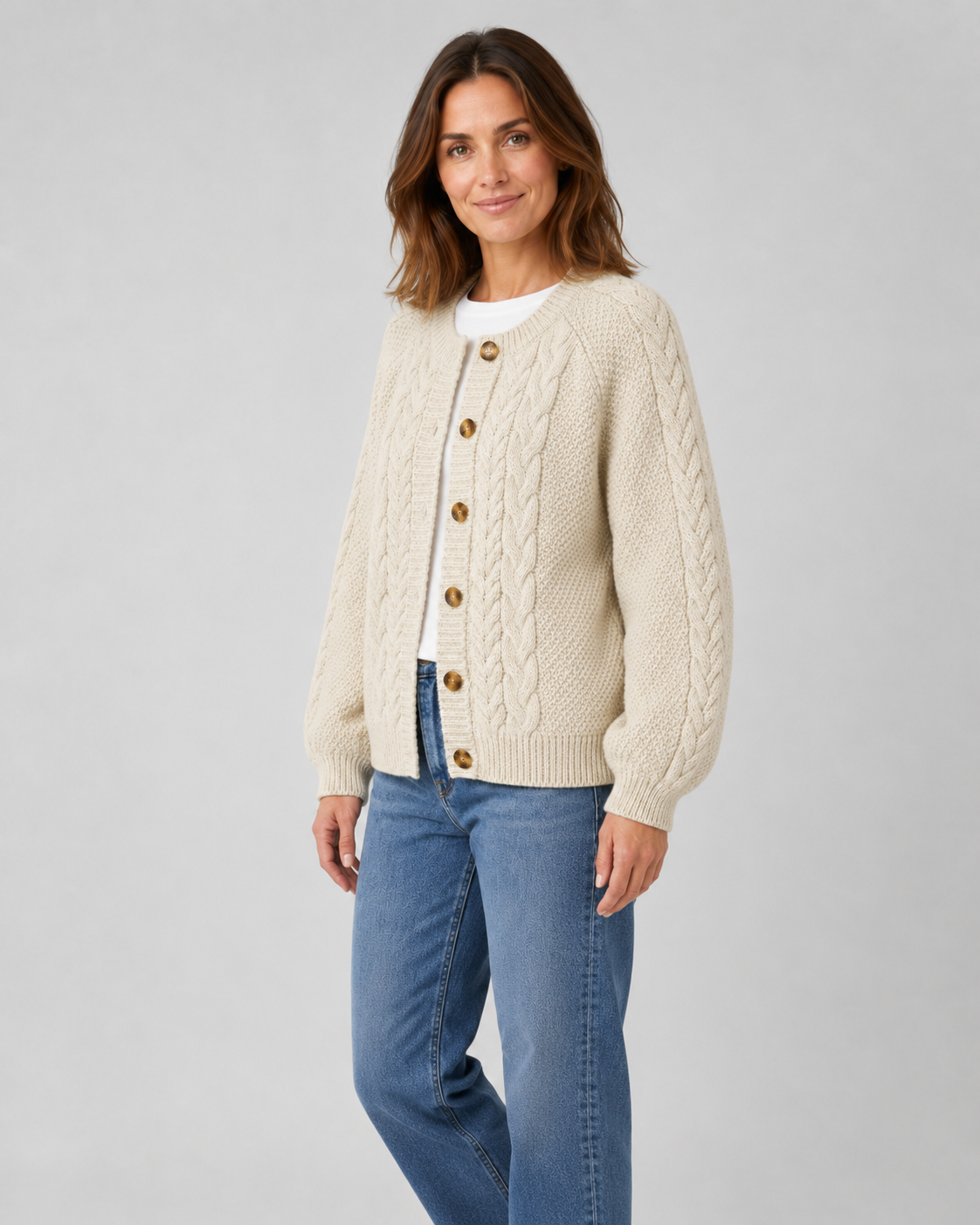 Cable Knit Crew Neck Button Front Cardigan