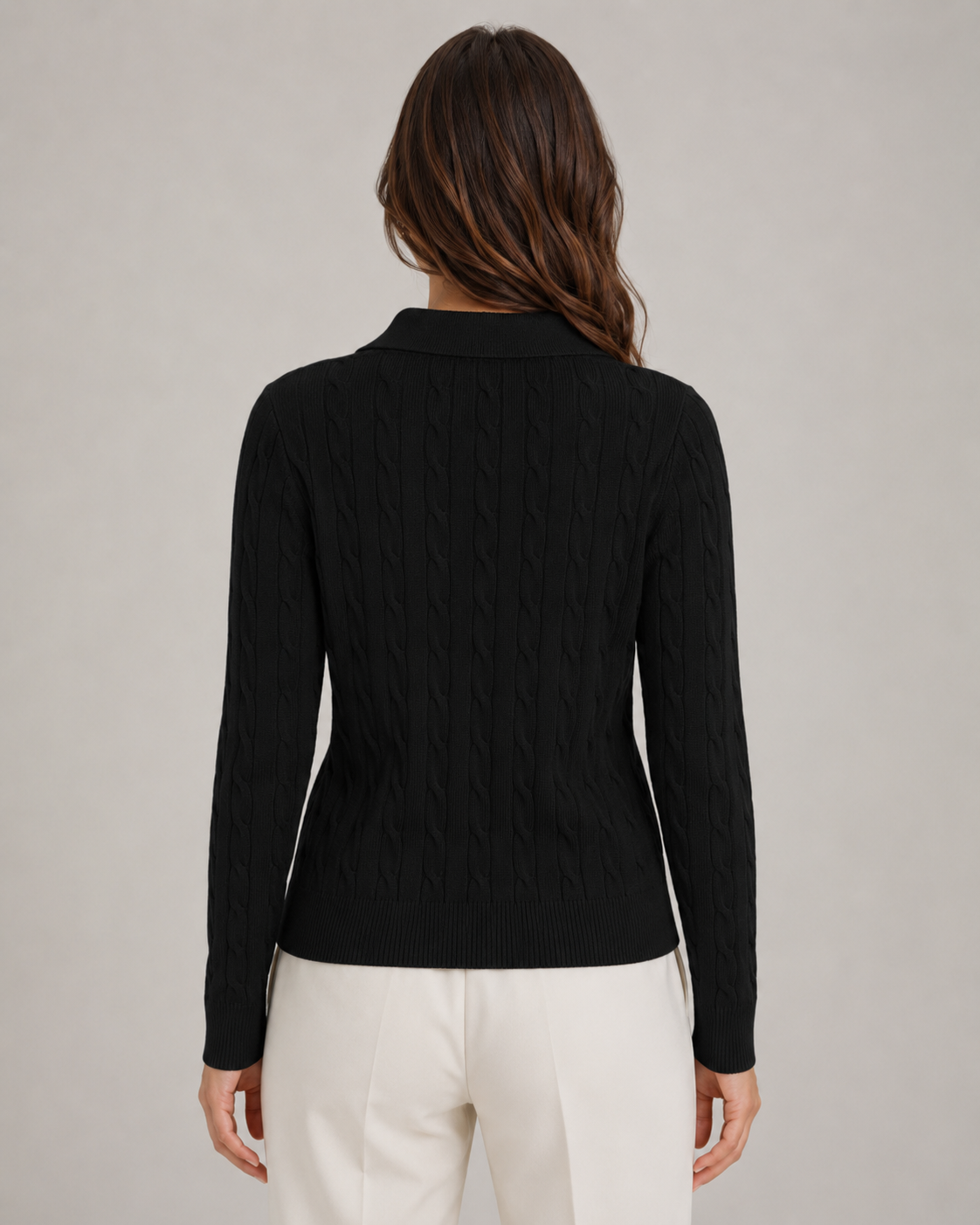 Women’s Cable Knit Polo Sweater with Polo Collar