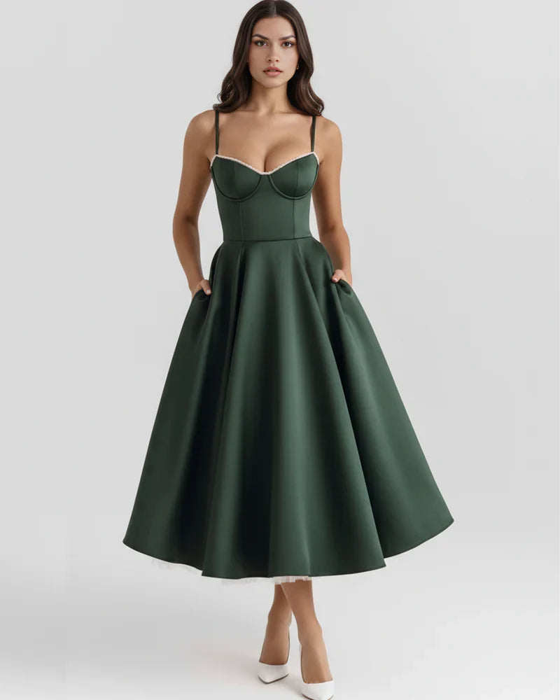Women’s Corset Midi Dress with Tulle Skirt