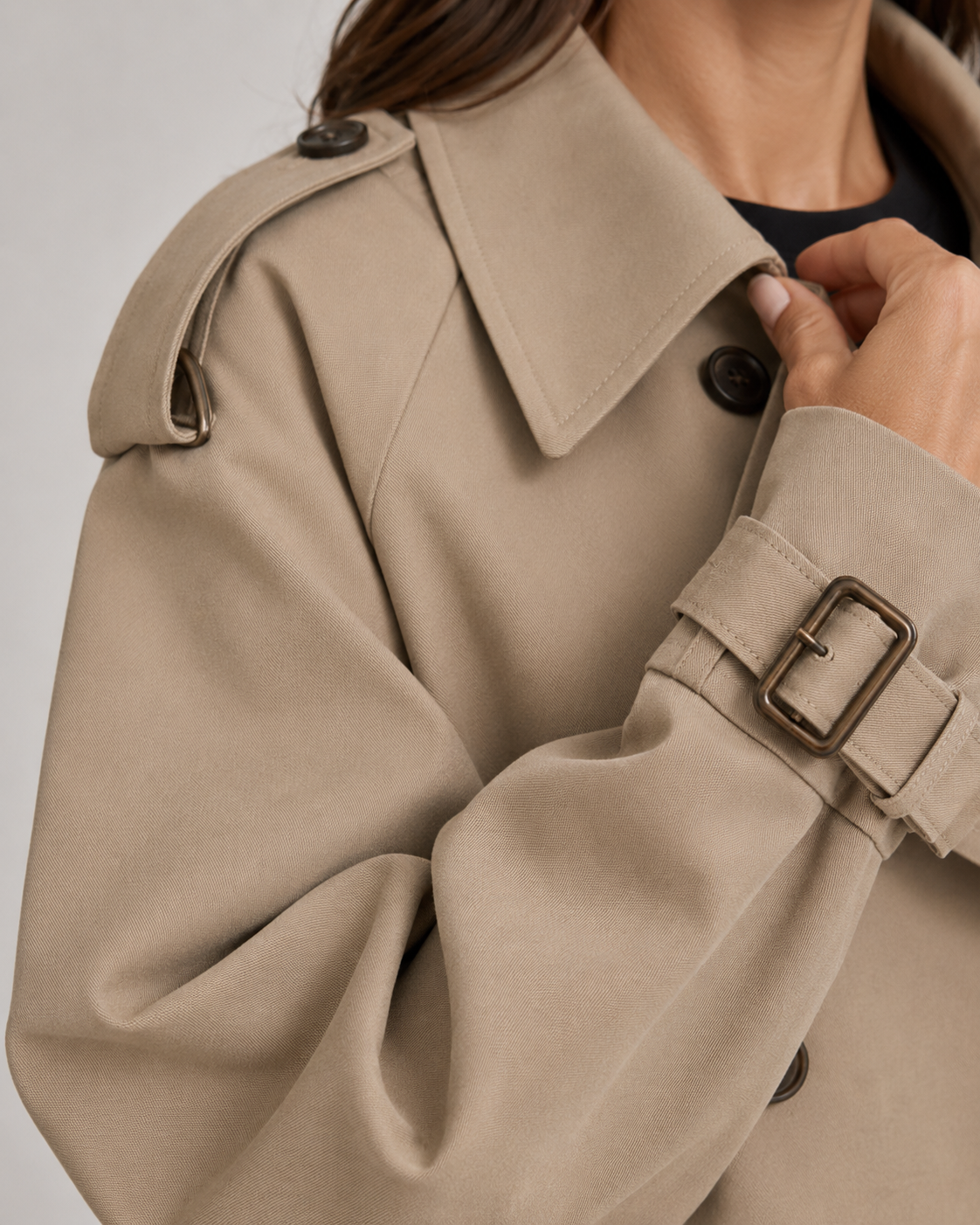 Women’s Cropped Trench Coat – Double Breasted Buckle Cuffs