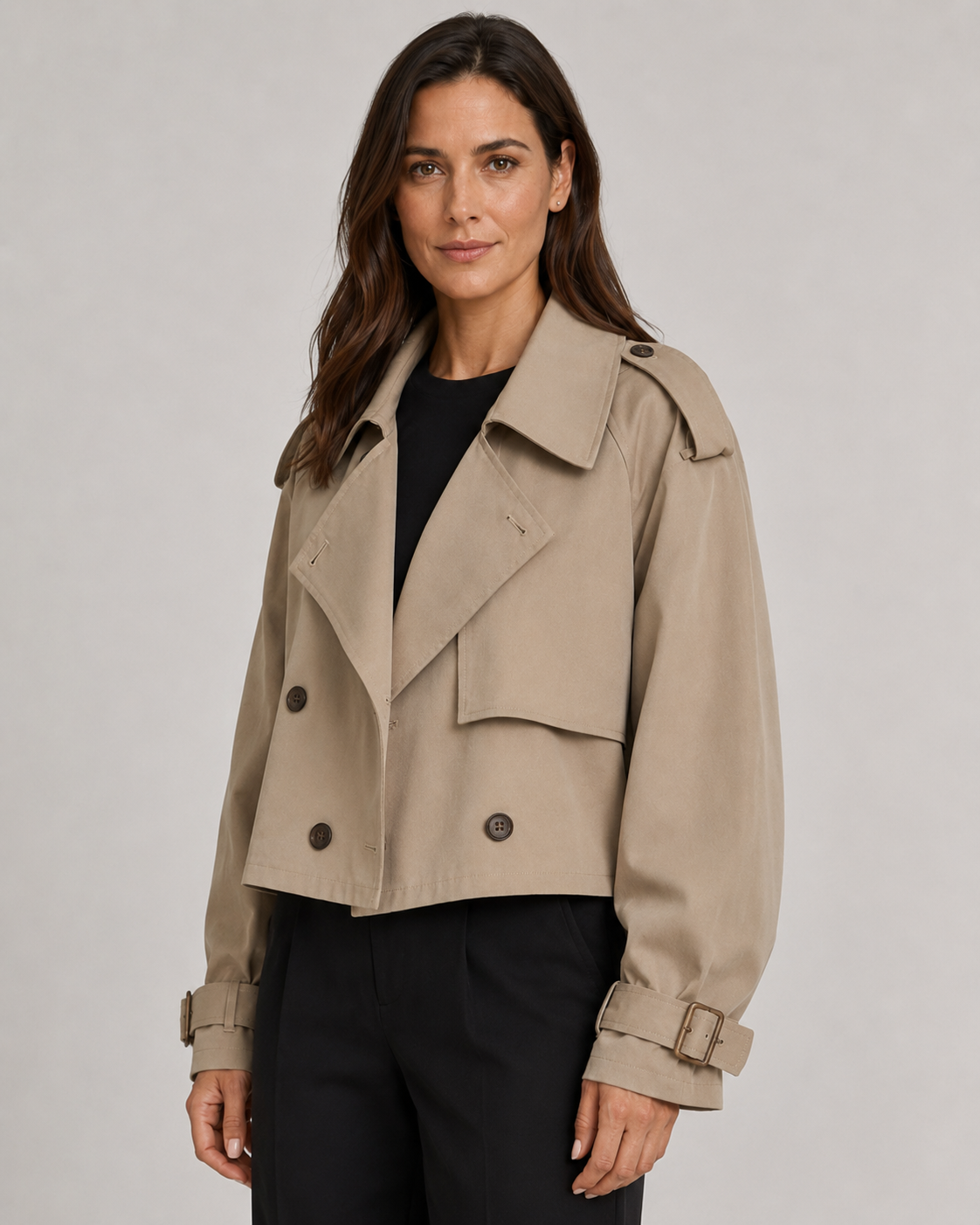 Women’s Cropped Trench Coat – Double Breasted Buckle Cuffs