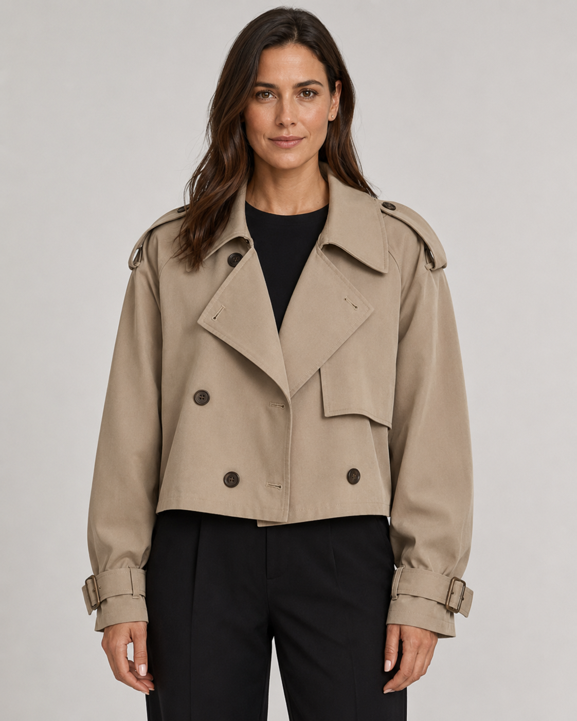 Women’s Cropped Trench Coat – Double Breasted Buckle Cuffs
