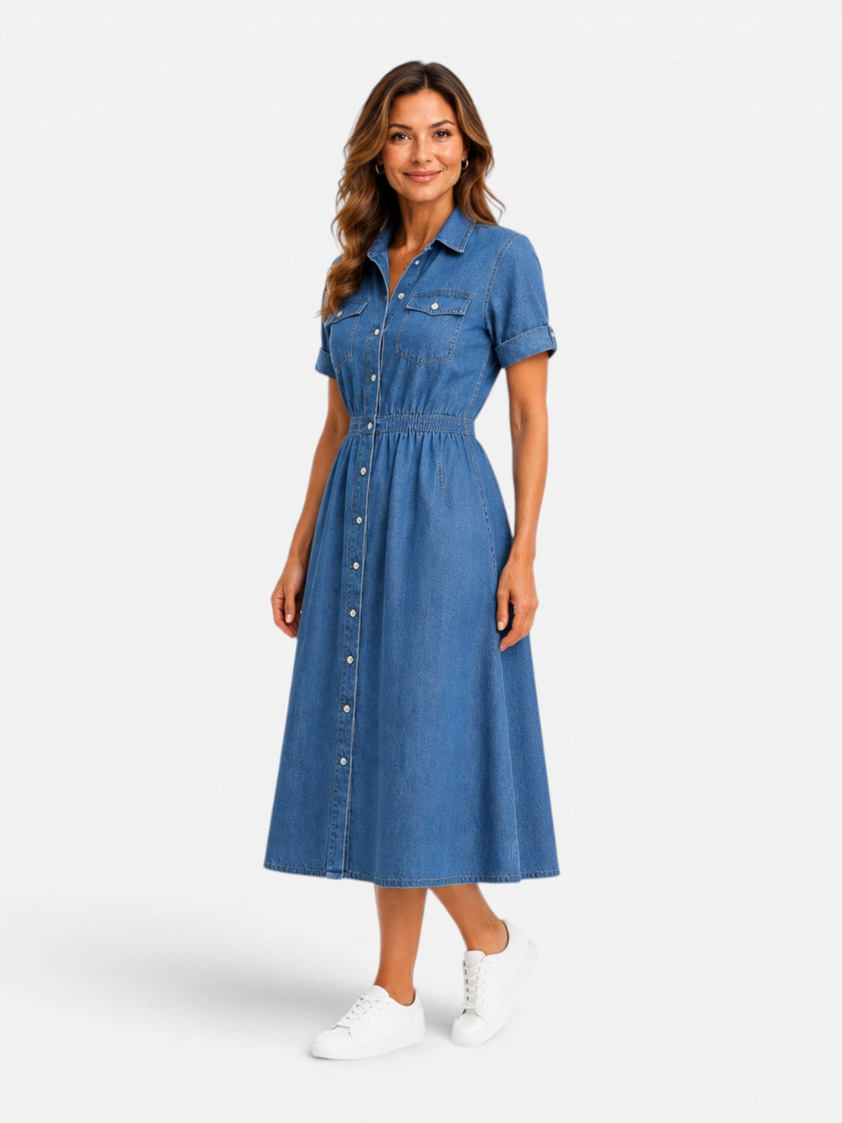 Women's Denim Midi Dress – Button Front Shirt Dress
