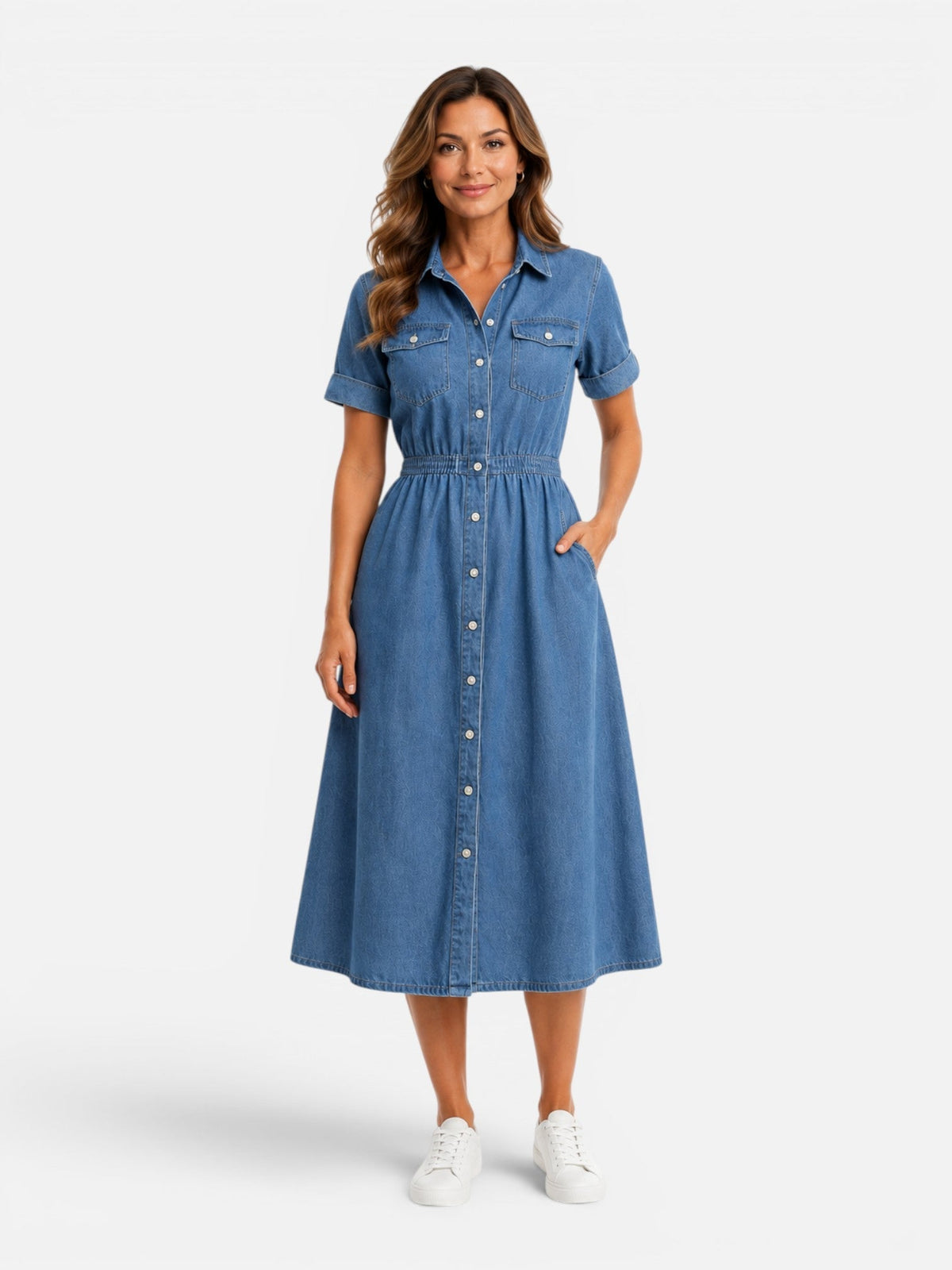 Women's Denim Midi Dress – Button Front Shirt Dress