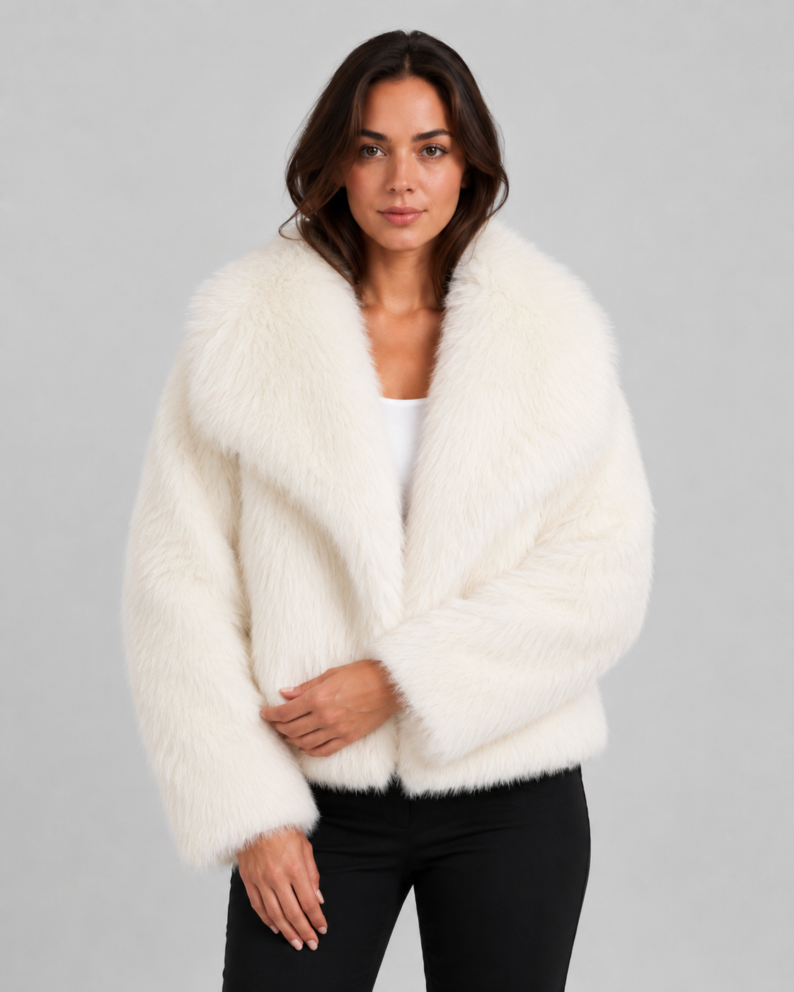 Wide Collar Cropped Faux Fur Jacket