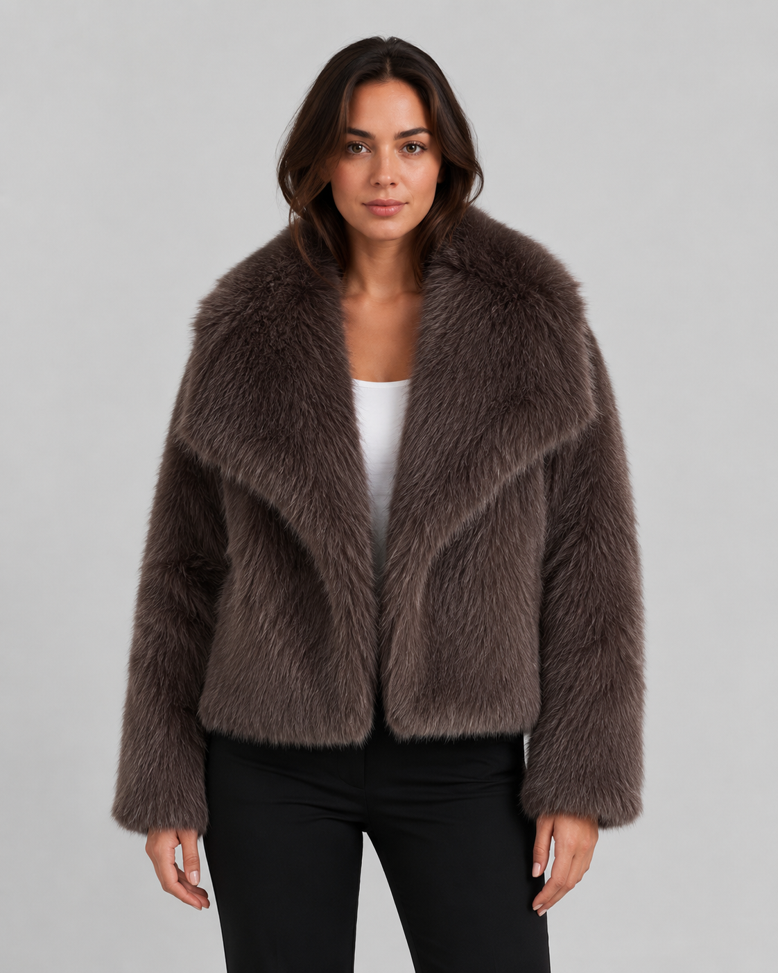 Wide Collar Cropped Faux Fur Jacket