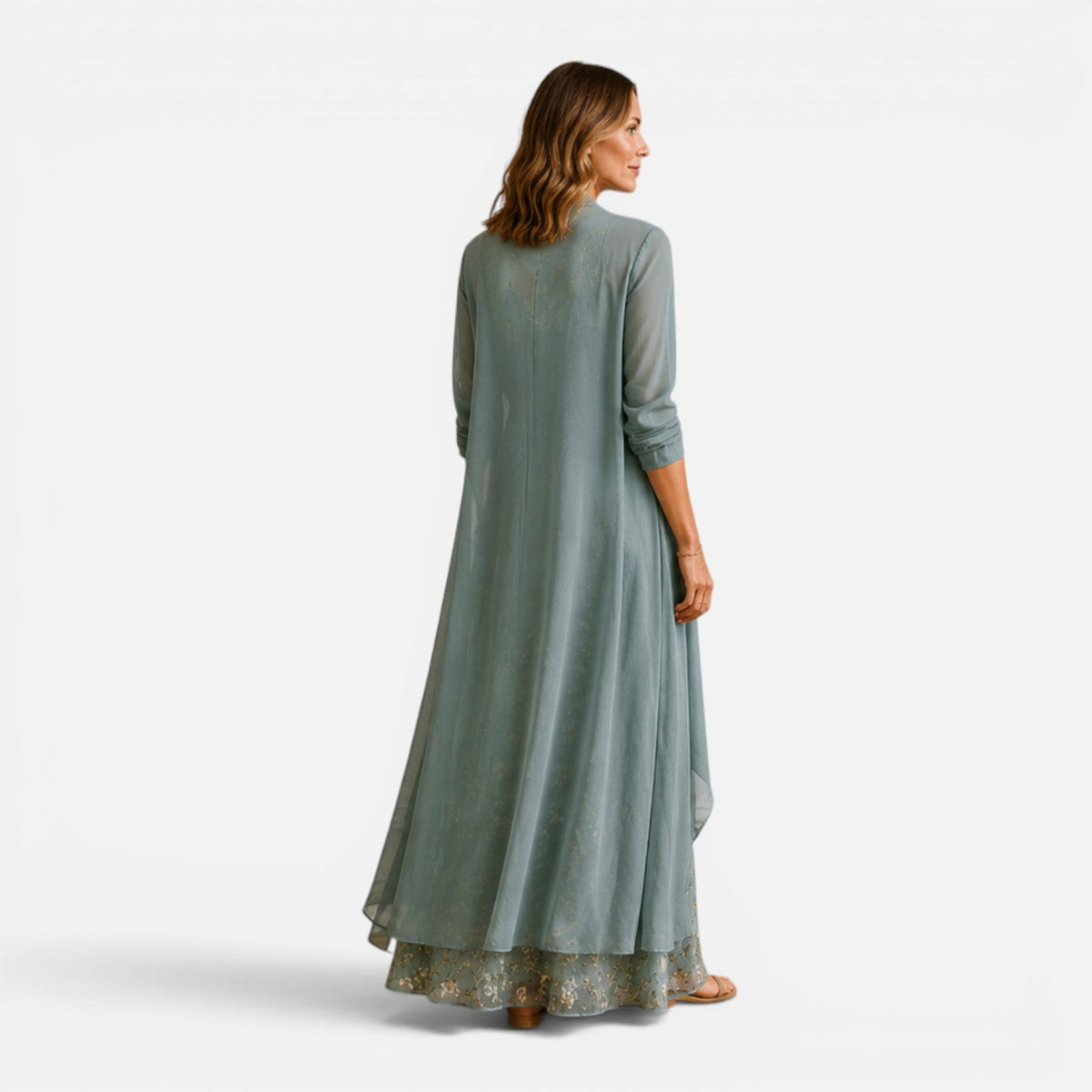 Floral Embroidered Lace Maxi Dress and Sheer Chiffon Duster Two Piece Set