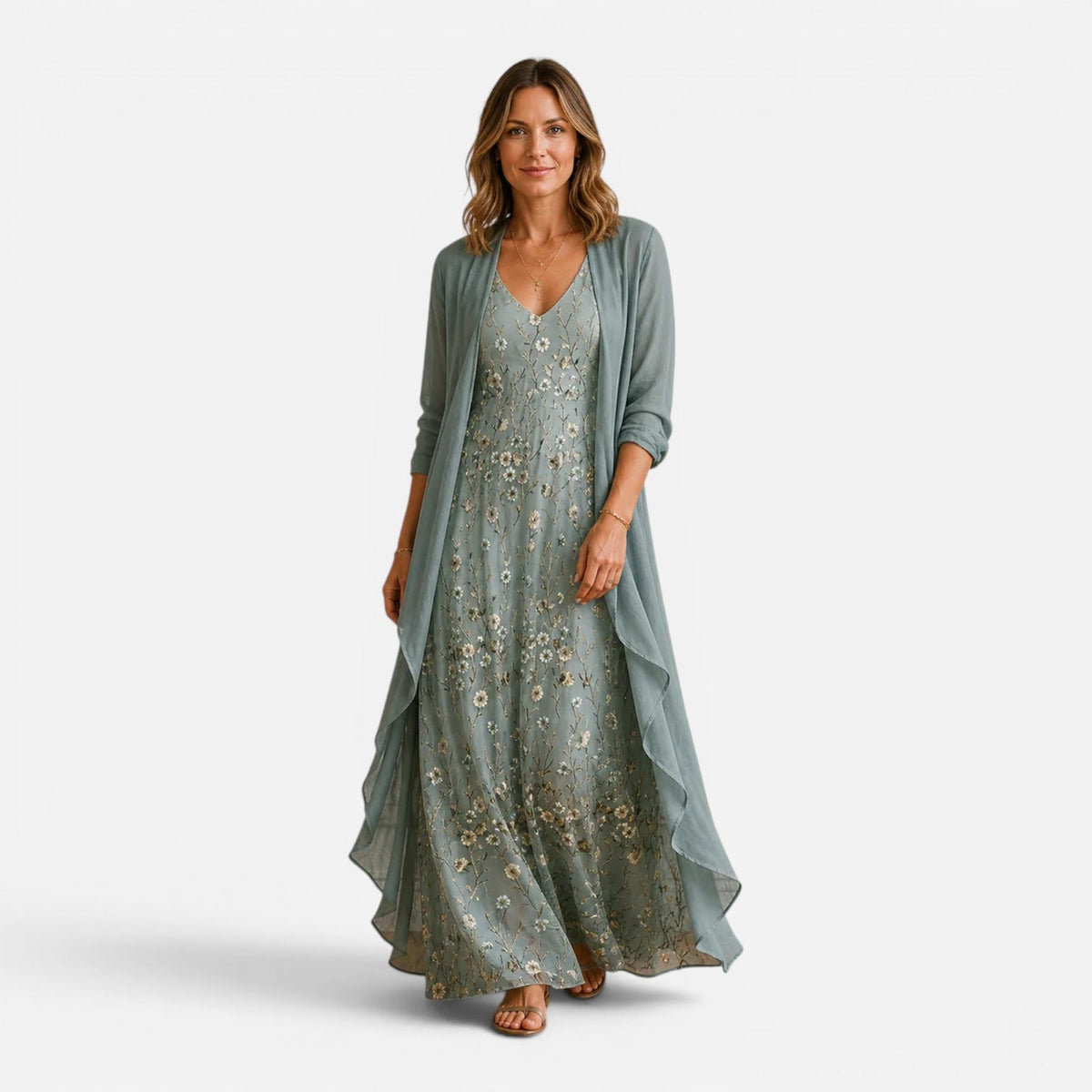Floral Embroidered Lace Maxi Dress and Sheer Chiffon Duster Two Piece Set