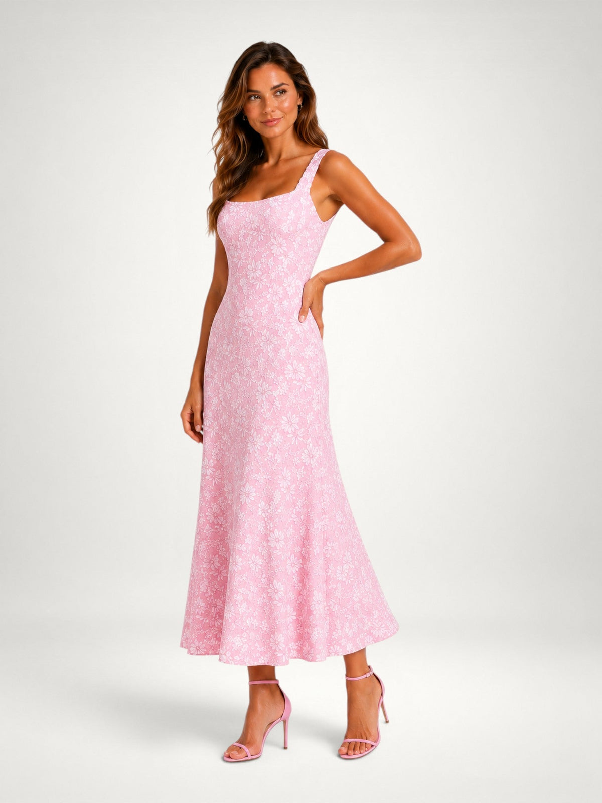 Floral Square Neck Sleeveless Fit and Flare Midi Dress