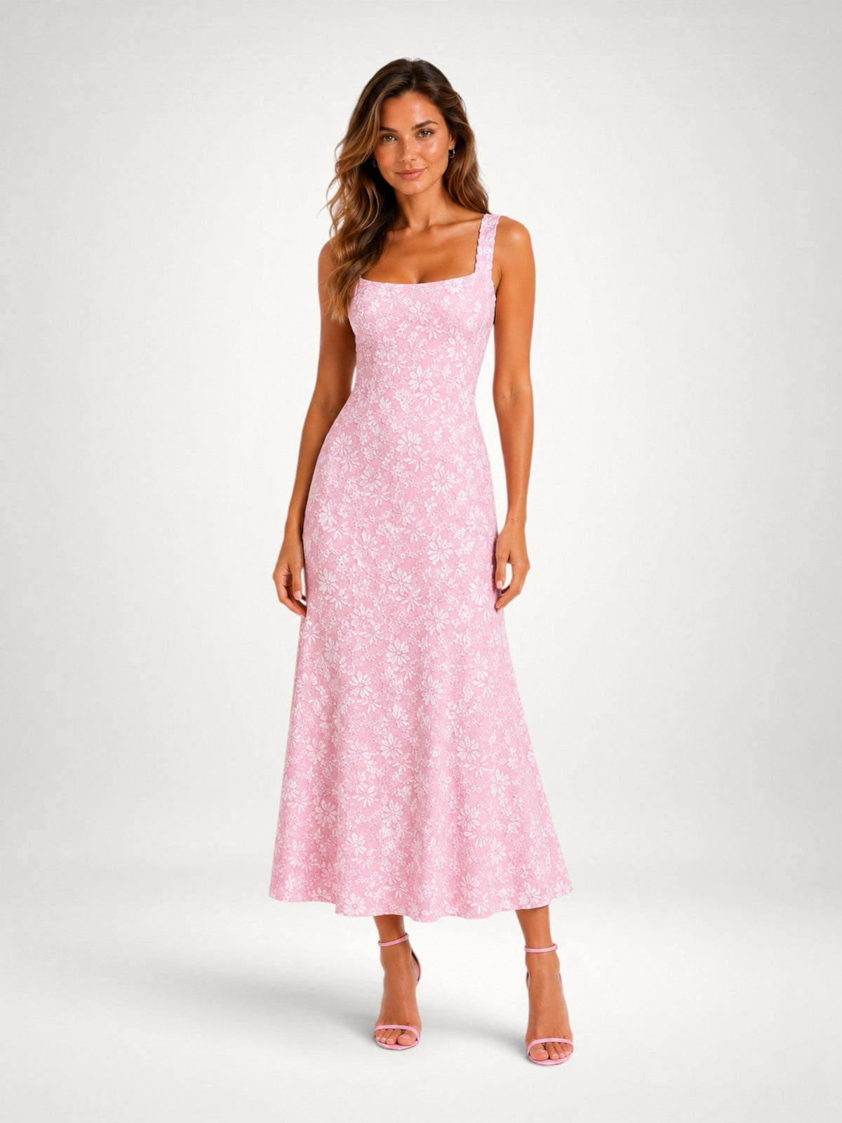 Floral Square Neck Sleeveless Fit and Flare Midi Dress