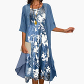 Floral Midi Dress and Chiffon Cardigan Two Piece Set