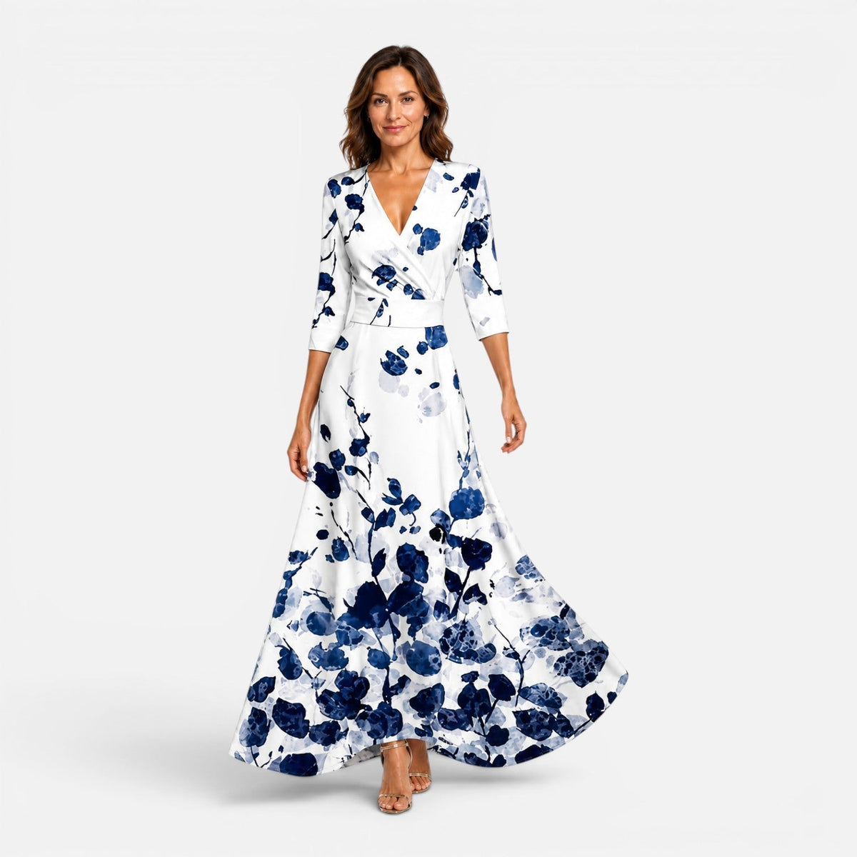 Floral V-Neck Wrap Fit and Flare Maxi Dress