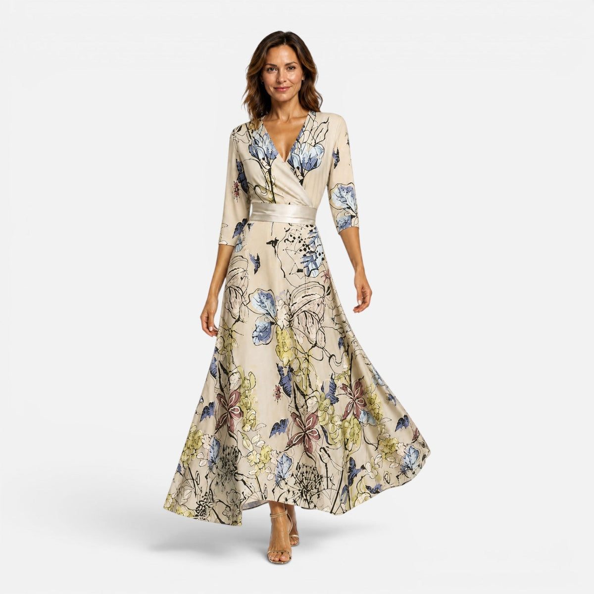 Floral V-Neck Wrap Fit and Flare Maxi Dress