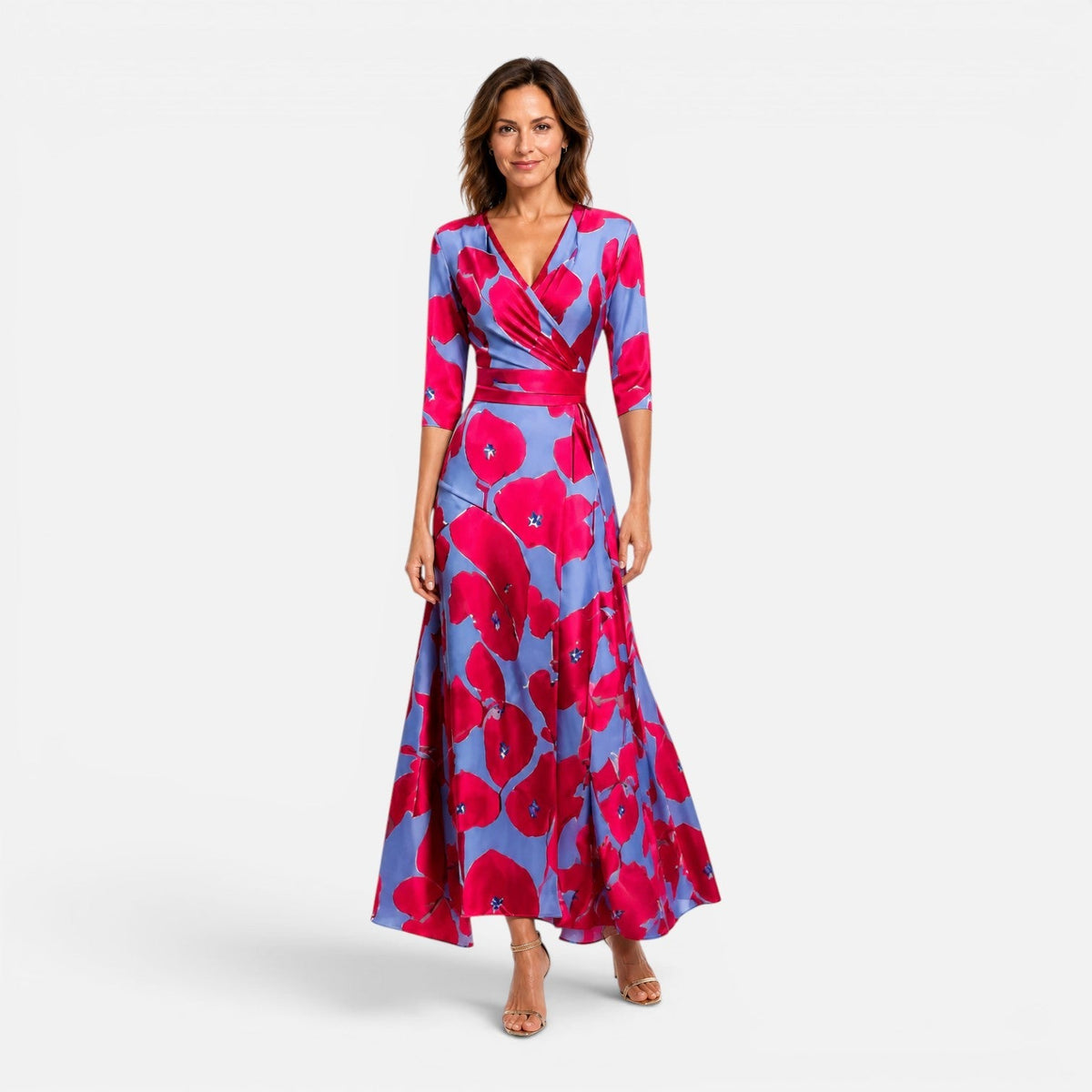 Floral V-Neck Wrap Fit and Flare Maxi Dress
