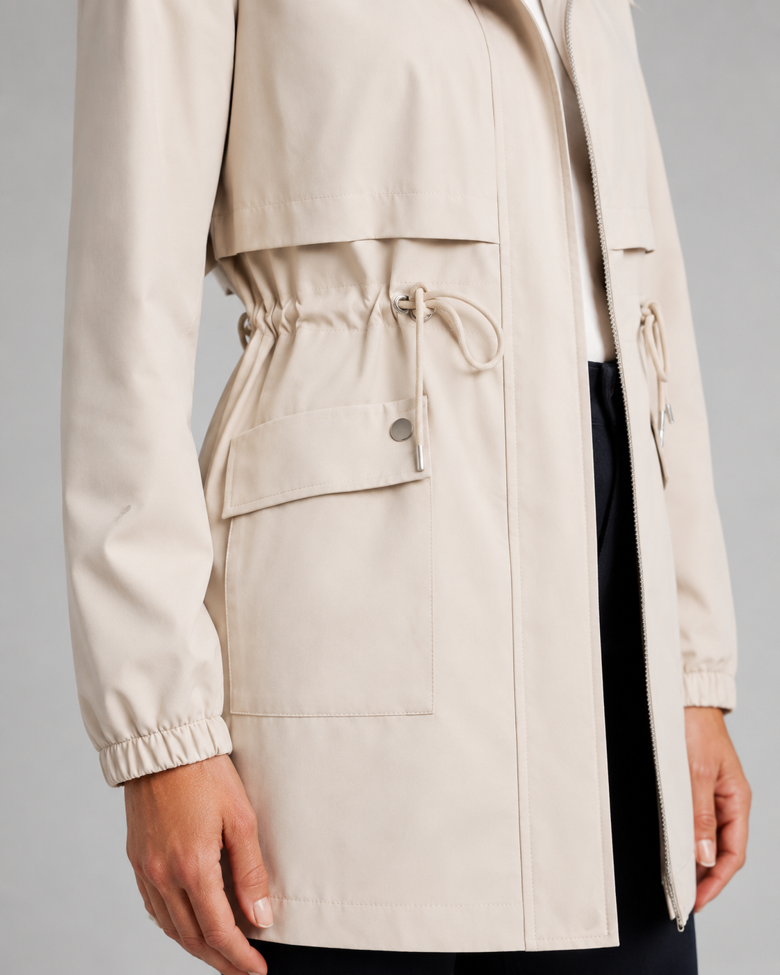Women’s Hooded Trench Coat – Drawstring Waist Zip Jacket