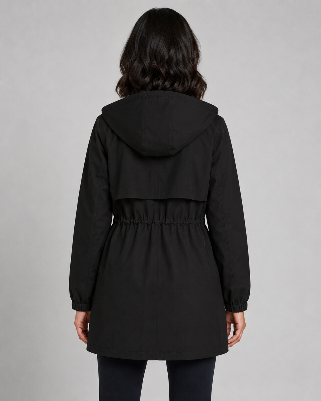 Women’s Hooded Trench Coat – Drawstring Waist Zip Jacket