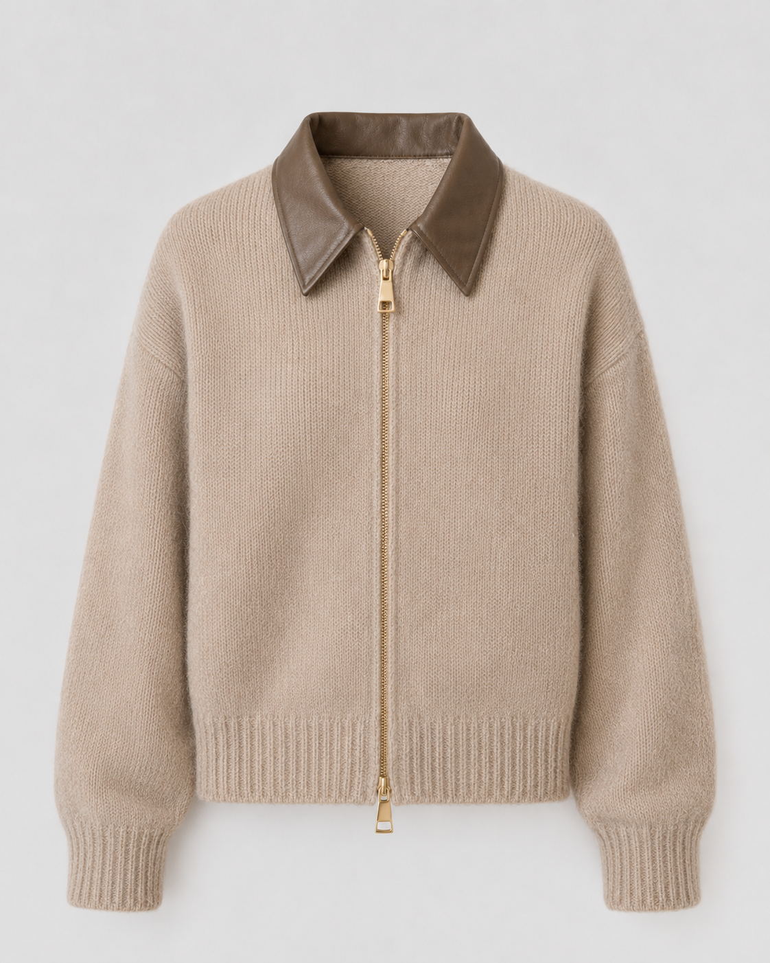 Women’s Knit Zip Cardigan with Leather Collar
