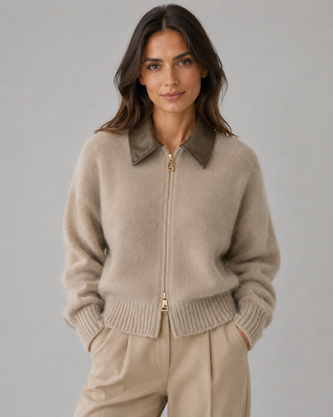 Women’s Knit Zip Cardigan with Leather Collar