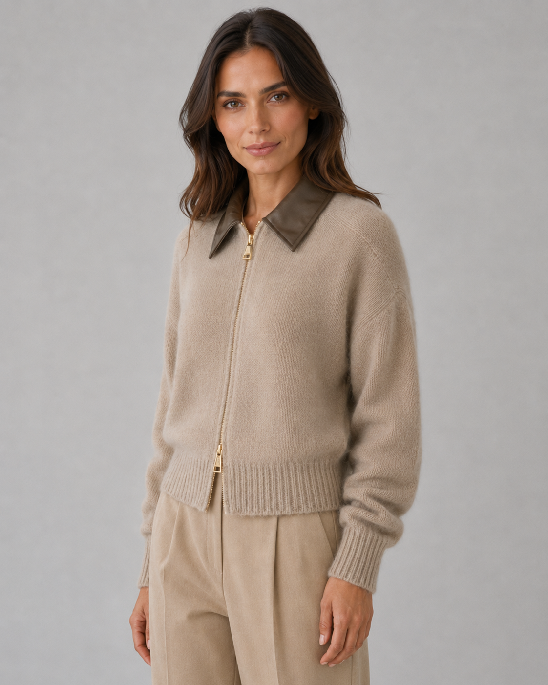 Women’s Knit Zip Cardigan with Leather Collar
